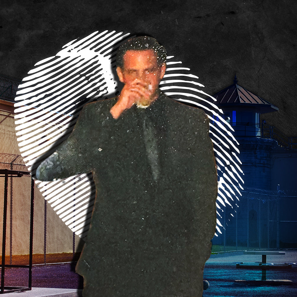 Dan Klehm Sipping Drink wearing suit in front of coffee bean finger print and colorful prison courtyard collage with black background
