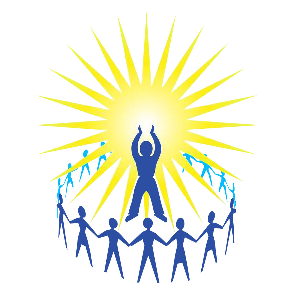 Blue figures holding hands around a yellow sun with Blue Figure in middle on a white background