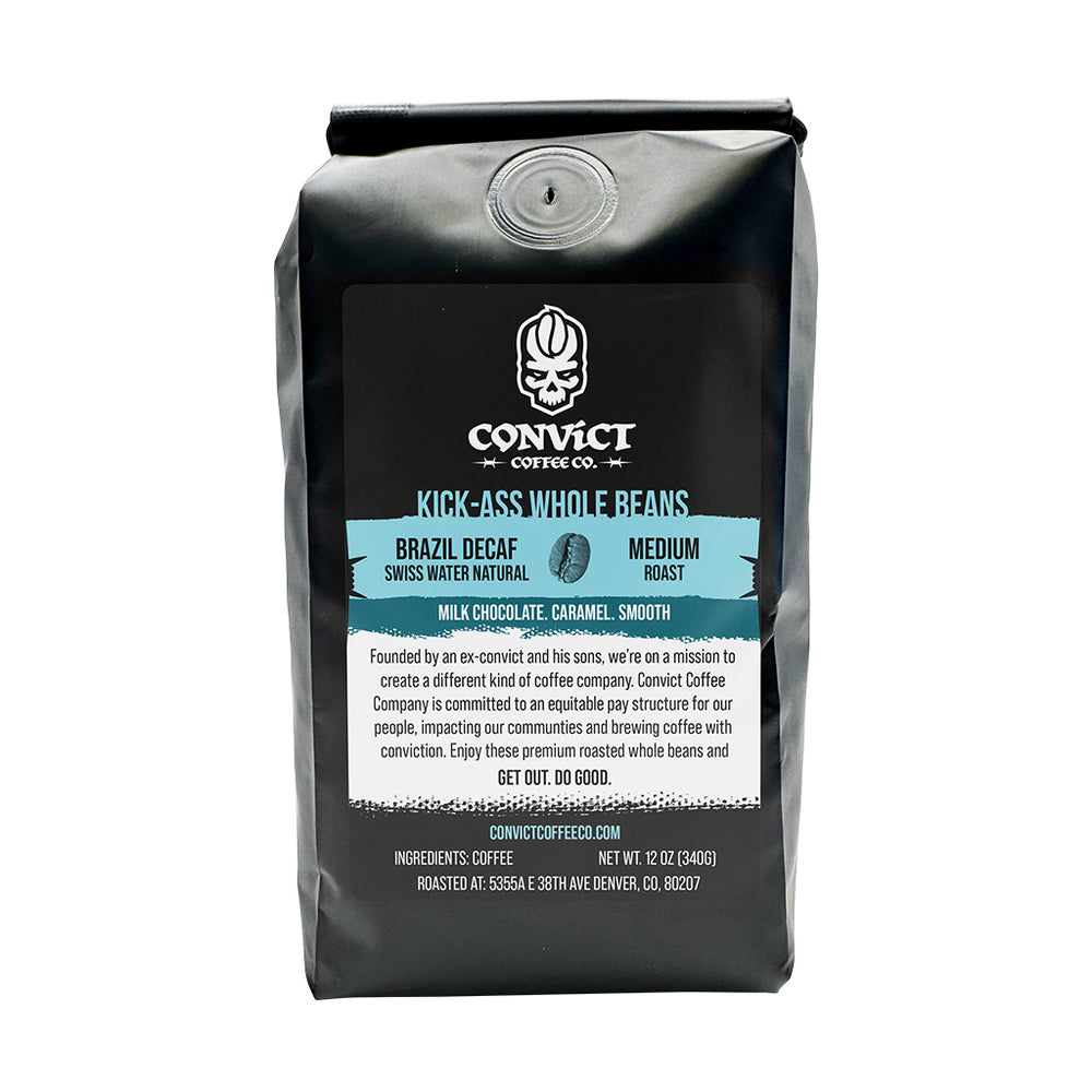 Coffee bag from Convict Coffee Co. with branding and Decaf product details on a white background