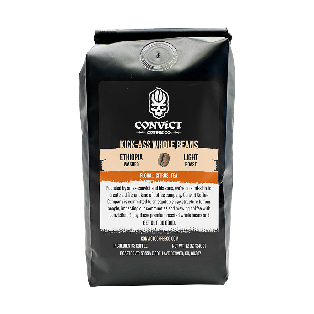 Coffee bag from Convict Coffee Co. with branding and Ethiopia product details on a white background
