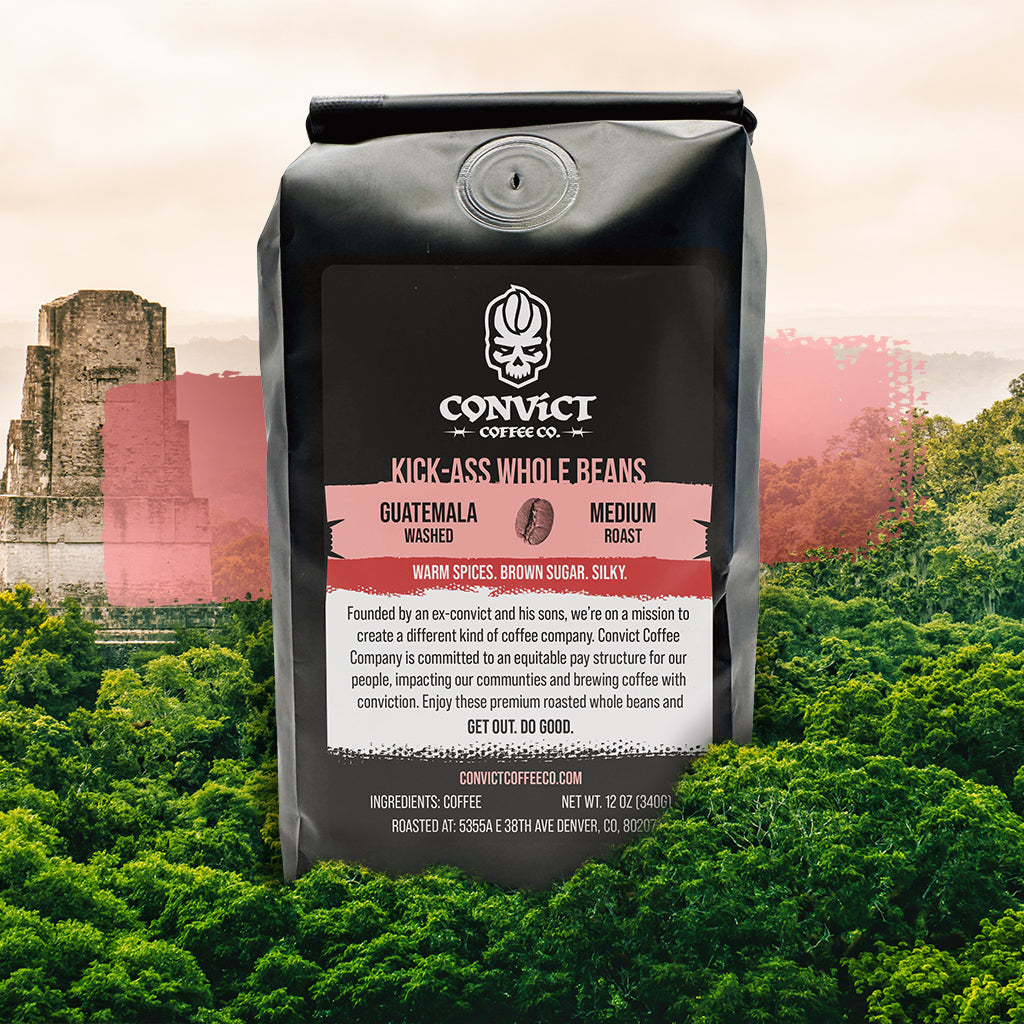 Convict Coffee Co. coffee bean bag Guatemala washed medium roast with a scenic background of trees and ruins in Guatemala