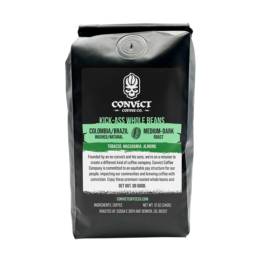 Coffee bag with Convict Coffee Co. branding and Colombia/Brazil product details on a white background