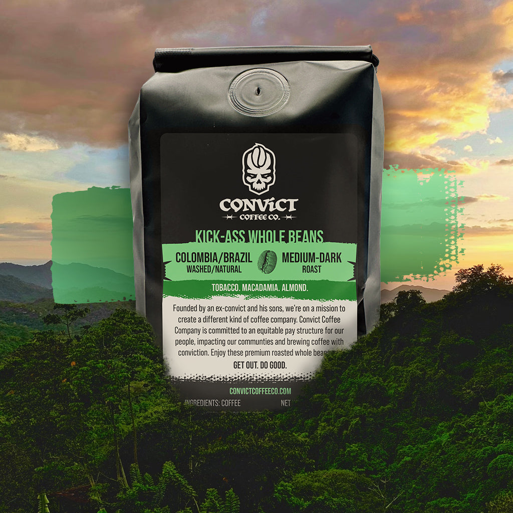 Coffee bag with 'Convict Coffee Co.' branding Colombia/Brazil Washed/Natural Medium-Dark Roast against a scenic Colombia background