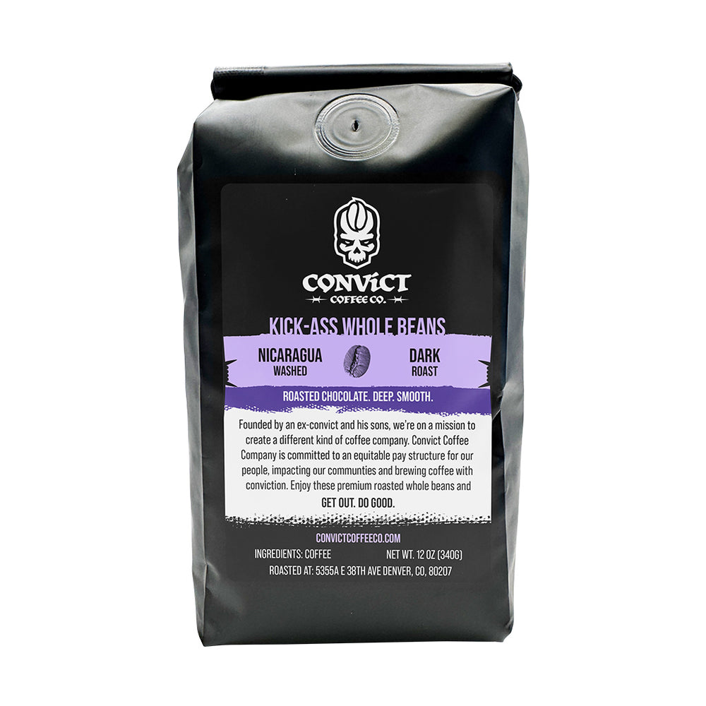 Coffee bag with Convict Coffee Co. branding and Nicaragua product details on a white background
