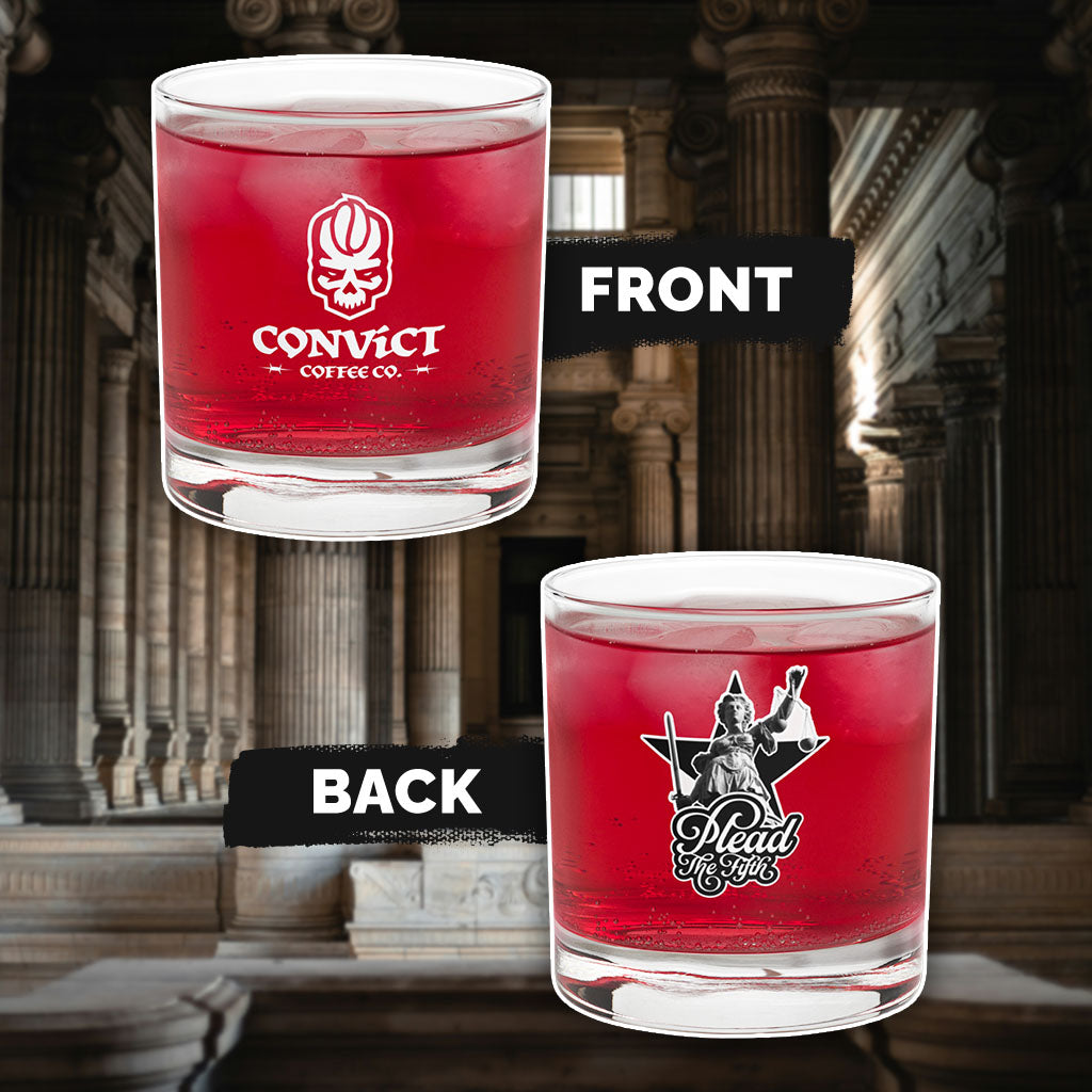 Two glasses with Convict Coffee Co. logo on one and Plead the Fifth logo on the other showing front and back, set against a classical architecture background.