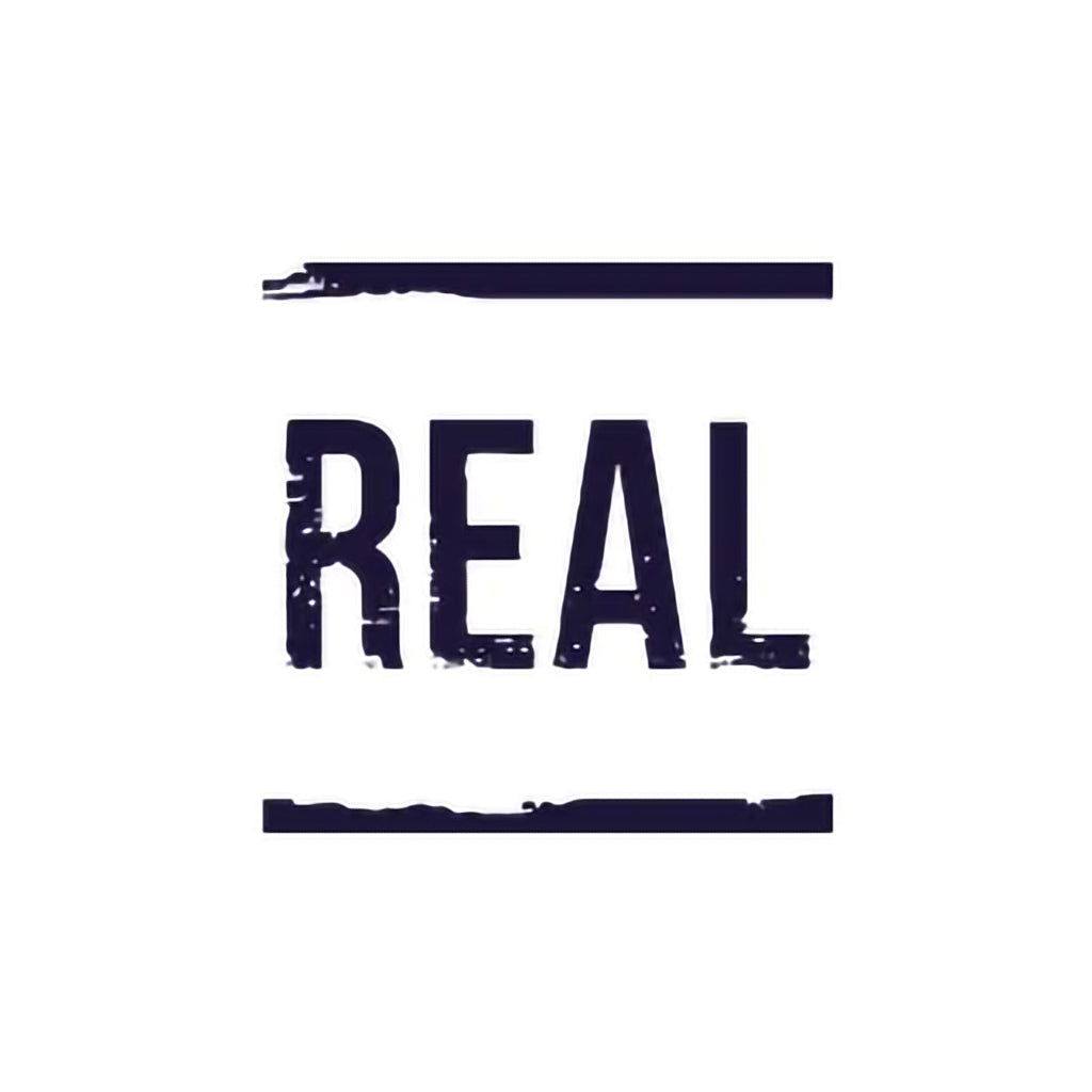 The word 'REAL' in navy text on a white background with a horizontal lines above and below it