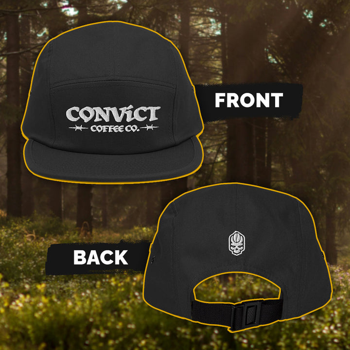Black cap with visible Convict Coffee Co. branding on a natural background