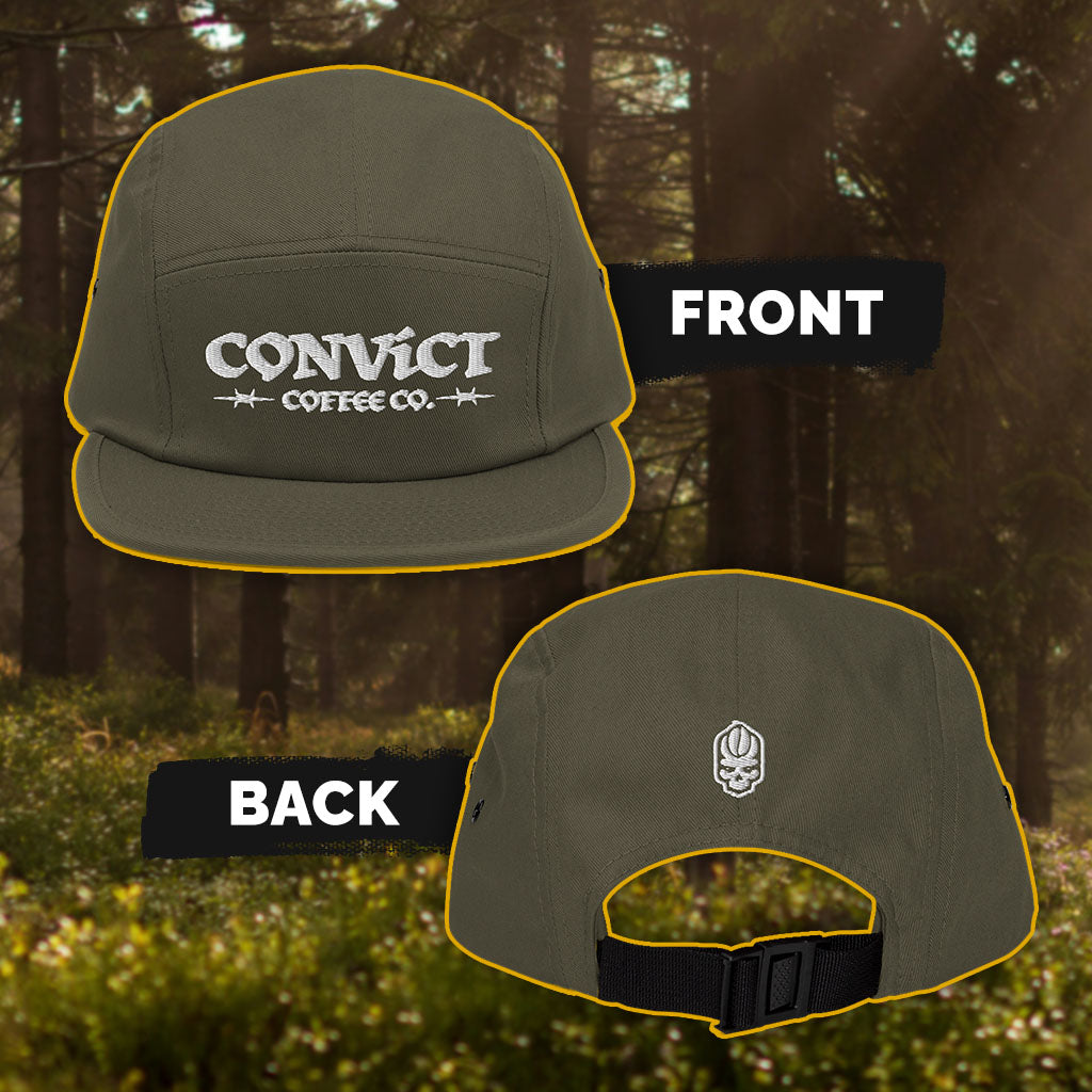 Green cap with visible Convict Coffee Co. branding on a natural background