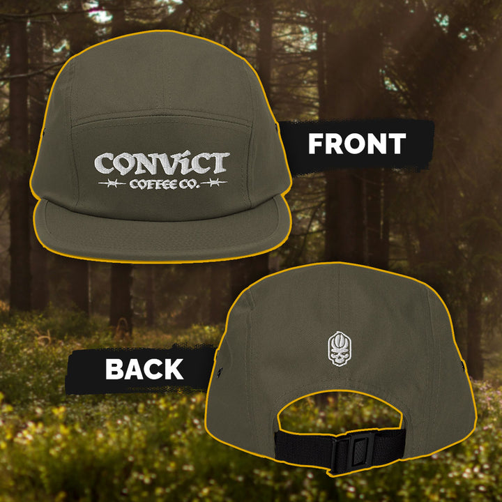 Green cap with visible Convict Coffee Co. branding on a natural background