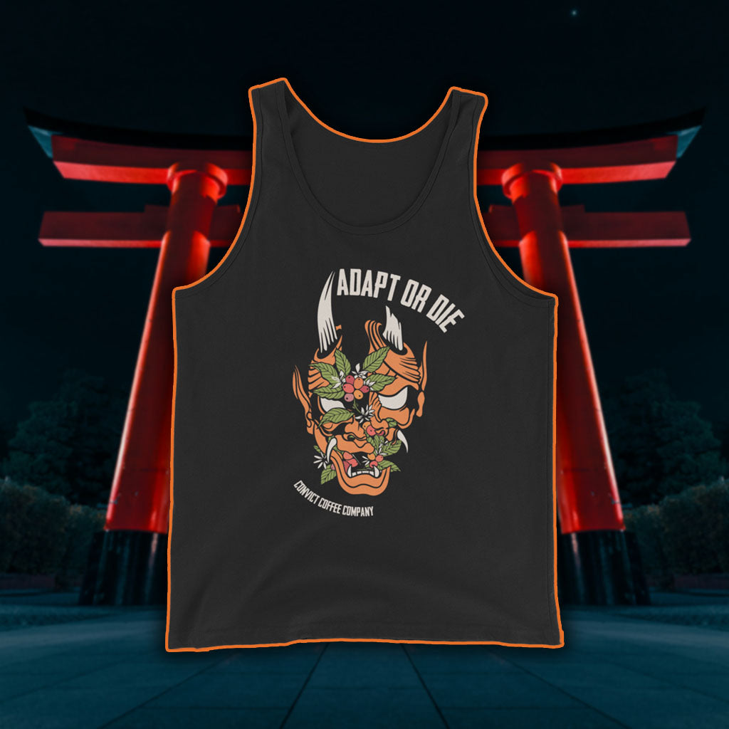 Black tank top with a Japanese Oni and coffee plant design and 'Adapt or Die' text in front of red torii gates.