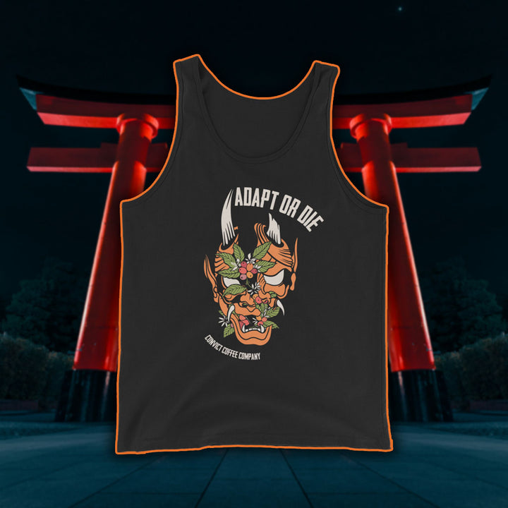 Black tank top with a Japanese Oni and coffee plant design and 'Adapt or Die' text in front of red torii gates.