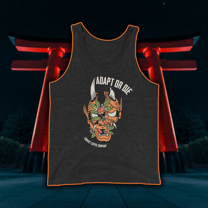 Charcoal Black Triblend tank top with a Japanese Oni and coffee plant design and 'Adapt or Die' text in front of red torii gates.