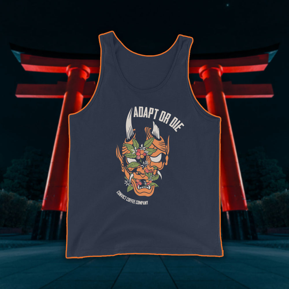 Navy tank top with a Japanese Oni and coffee plant design and 'Adapt or Die' text in front of red torii gates.