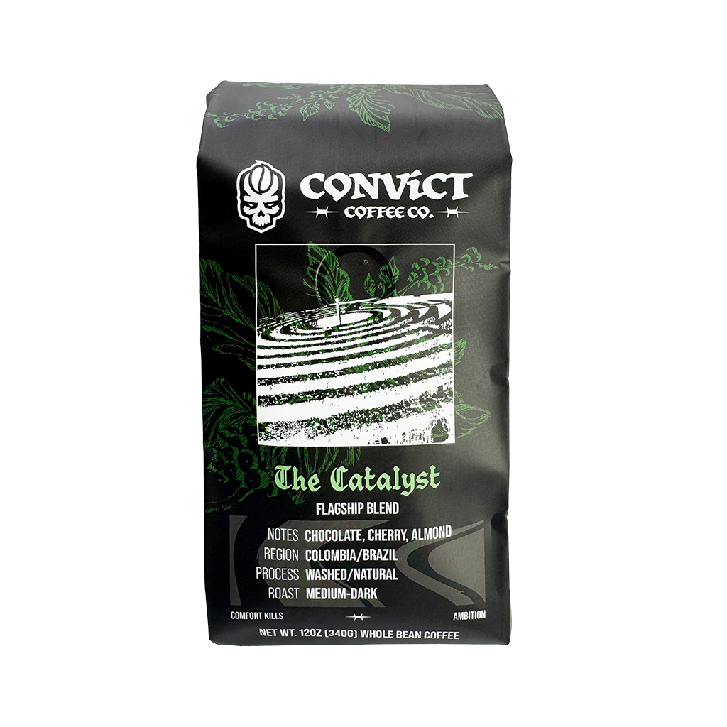 A bag of Convict Coffee Co. 'The Catalyst' Flagship Blend whole bean coffee on a plain white background.