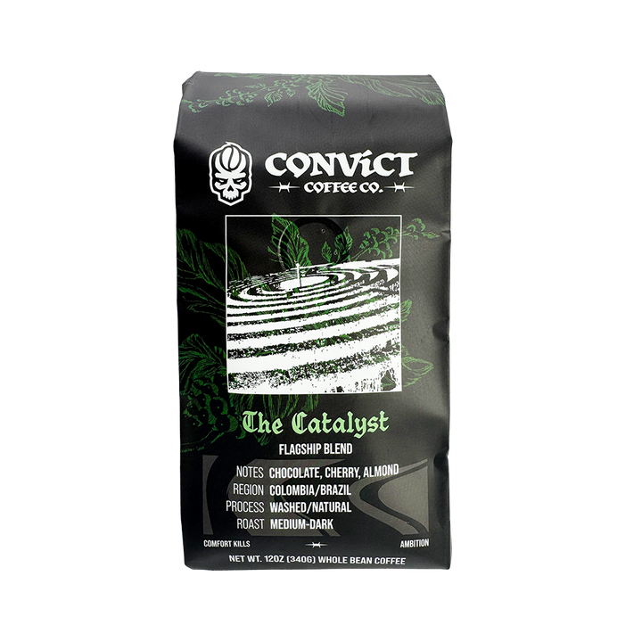 A bag of Convict Coffee Co. 'The Catalyst' Flagship Blend whole bean coffee on a plain white background.