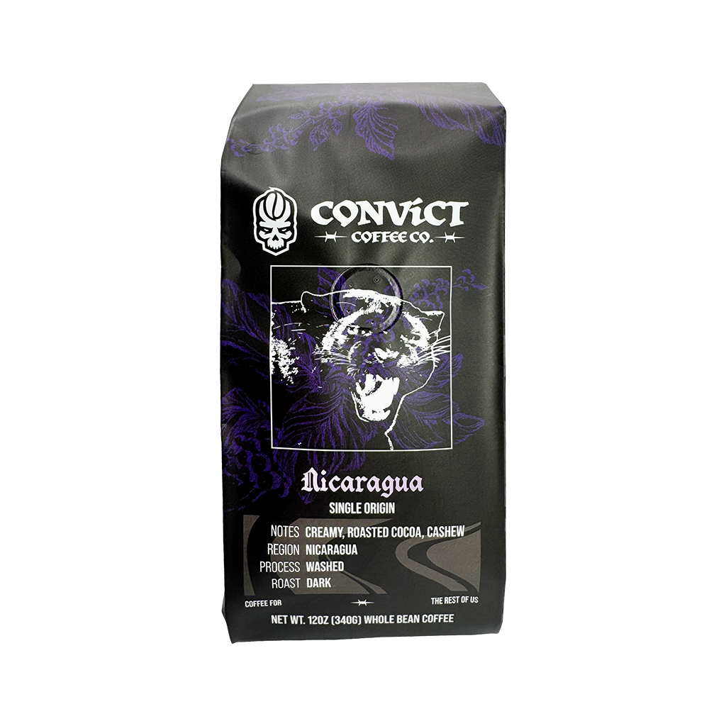 A 12 oz bag of Convict Coffee Co. Nicaragua single-origin whole bean coffee.