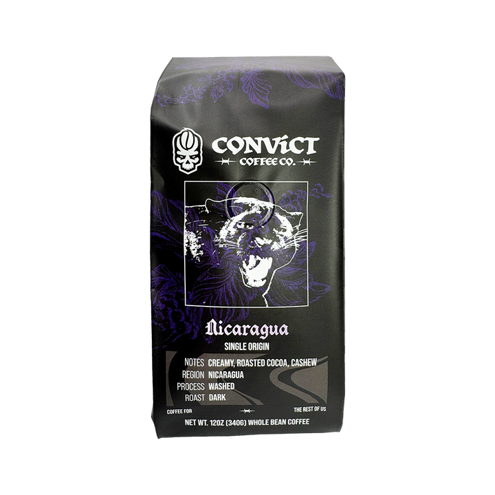 A 12 oz bag of Convict Coffee Co. Nicaragua single-origin whole bean coffee.