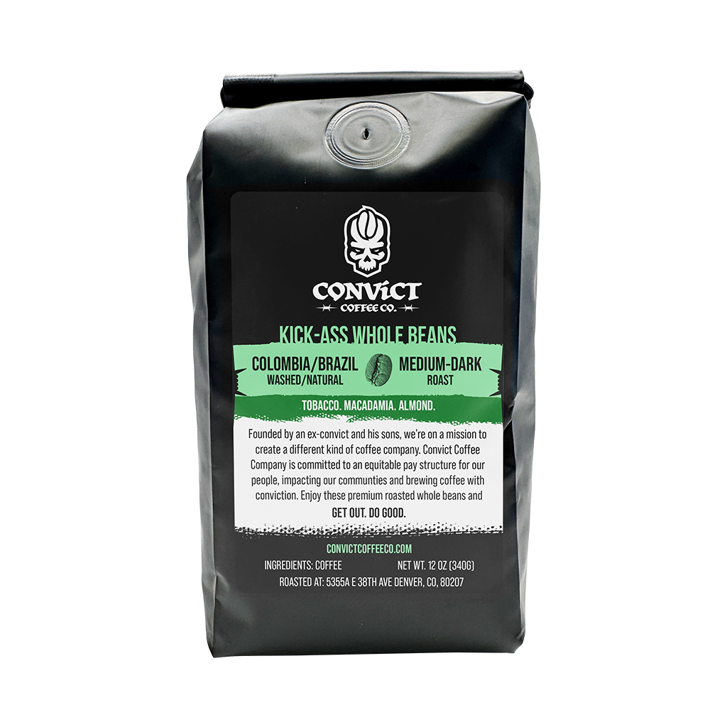 Coffee bag with Convict Coffee Co. branding on a white background in front of white coffee fingerprint branding on transparent background