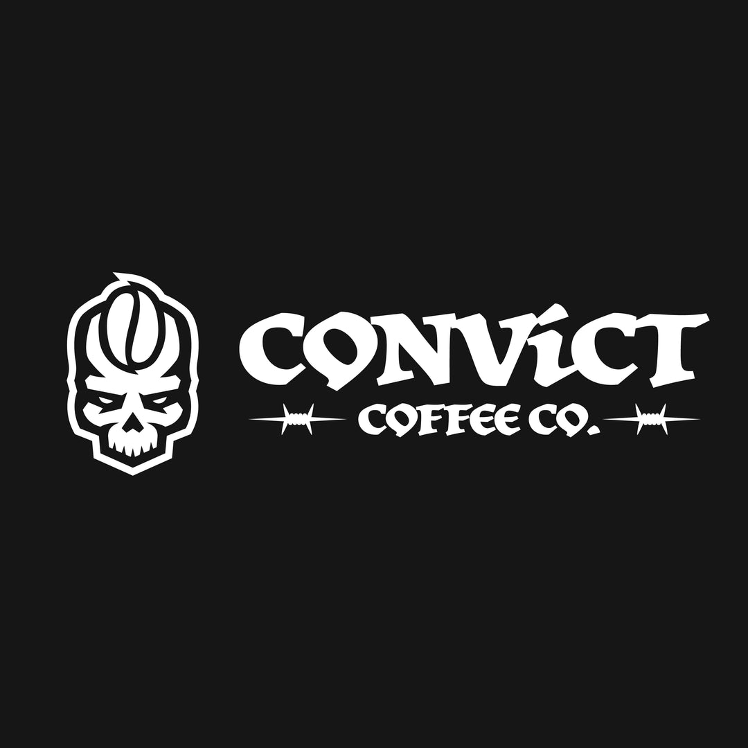 Convict Coffee Co. primary banner logo with skull design on a black background