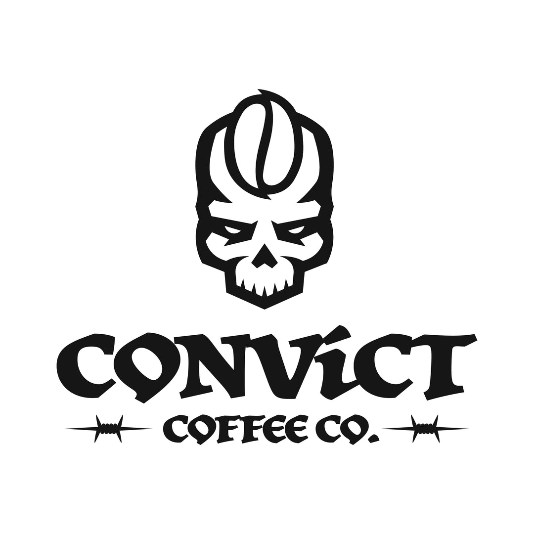 Convict Coffee Co. alternate stacked logo with skull design on a white background