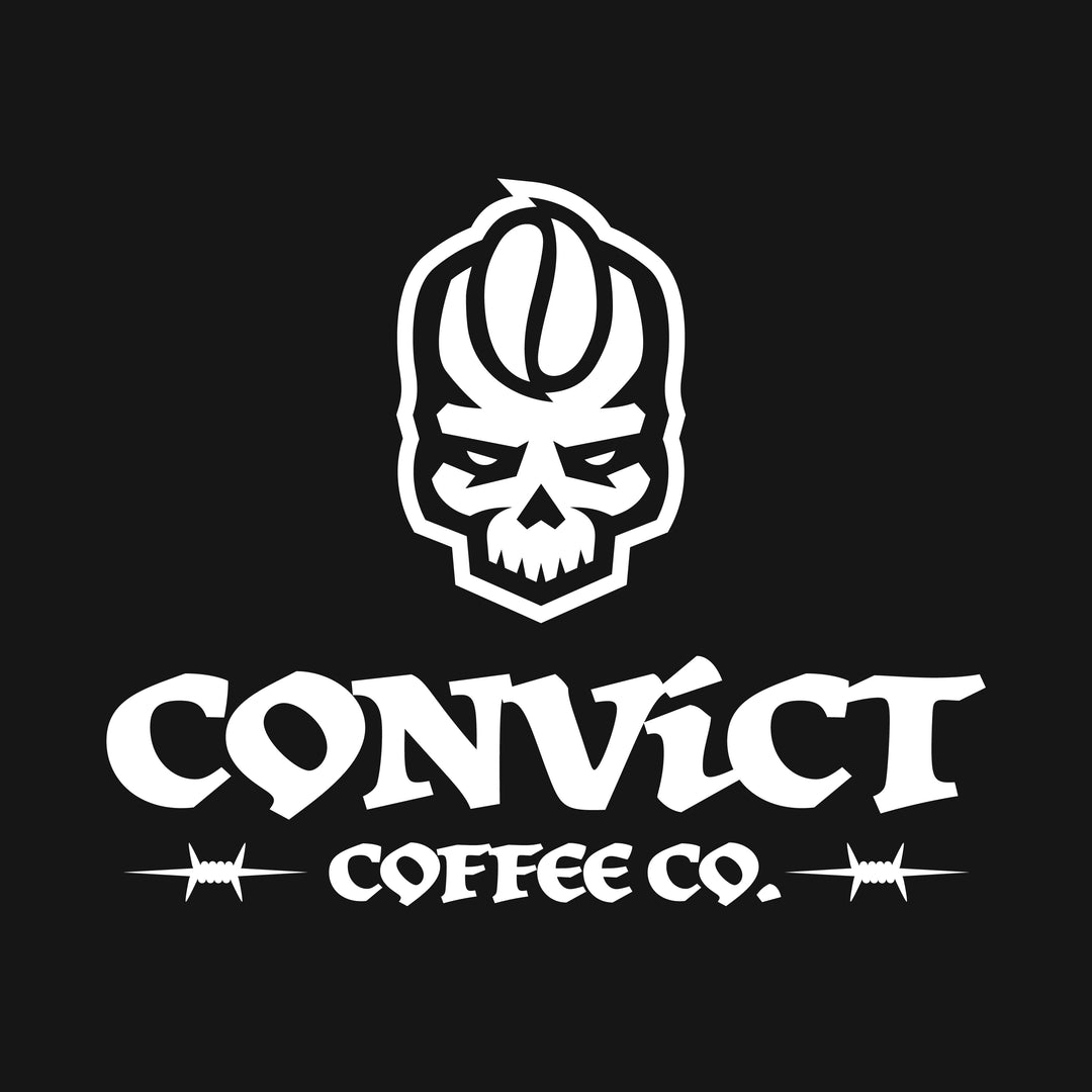 Convict Coffee Co. primary stacked logo with skull design on a black background