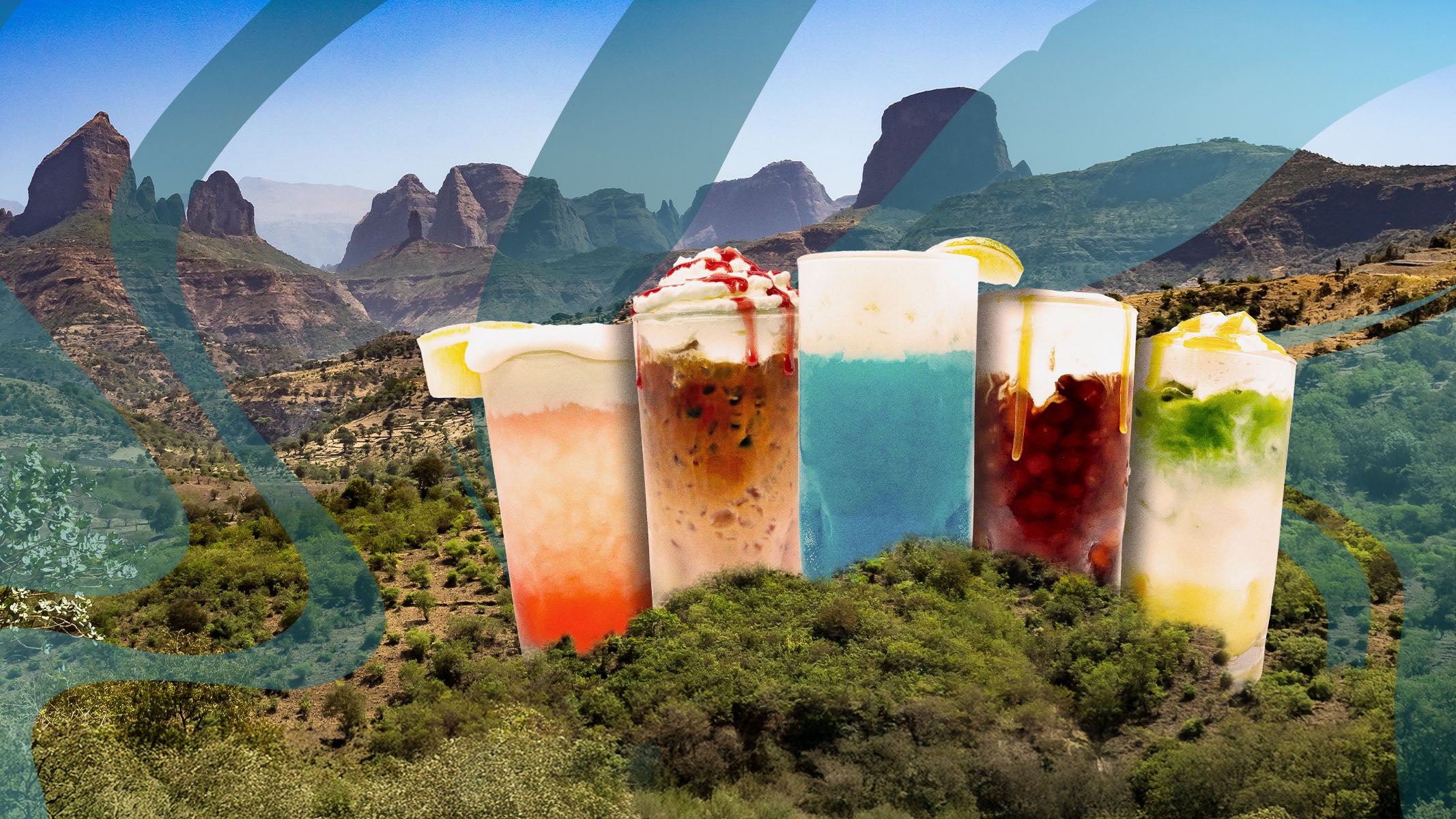 Five tall iced drinks with colorful layered syrups and toppings are shown in tall clear glasses against a scenic mountain landscape background with a blue sky and layered translucent graphic overlays.