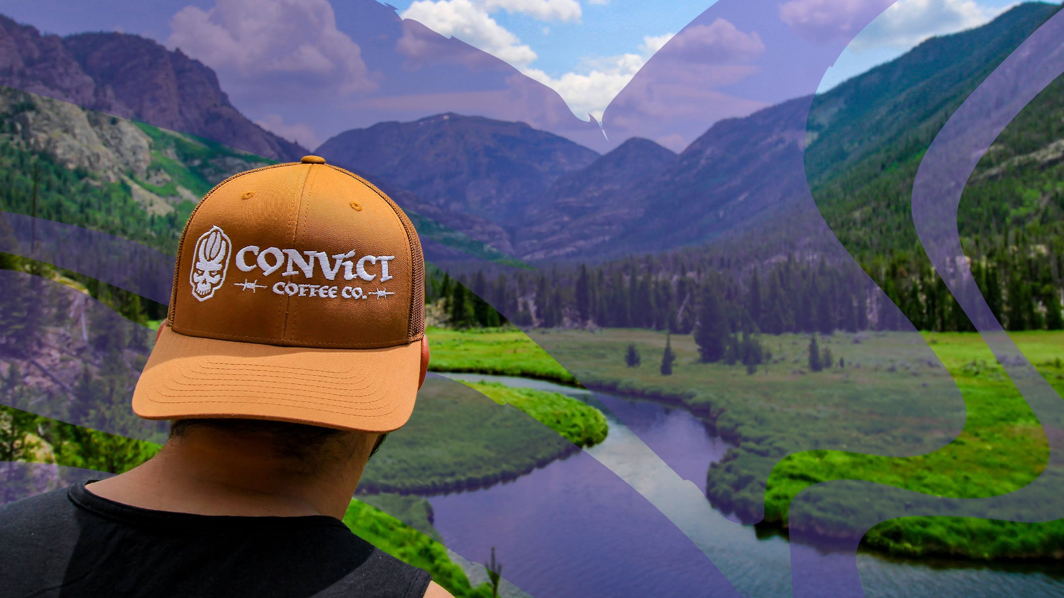 Person wearing convict coffee hat in front of landscape