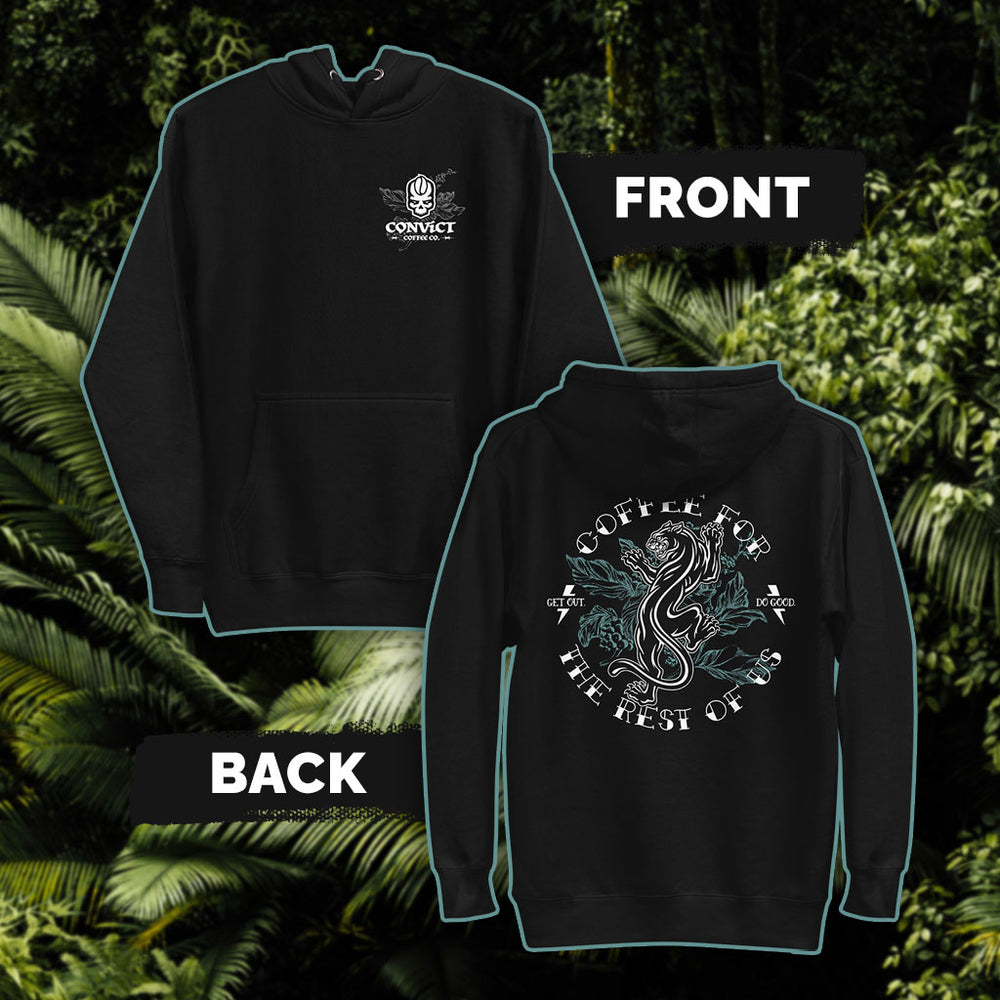 Black hoodie with 'Convict Coffee Co.' Logo with Coffee plant white front print and 'Coffee For The Rest Of Us' Panther on Coffee Plant white and blue-green back print set on a green leafy background