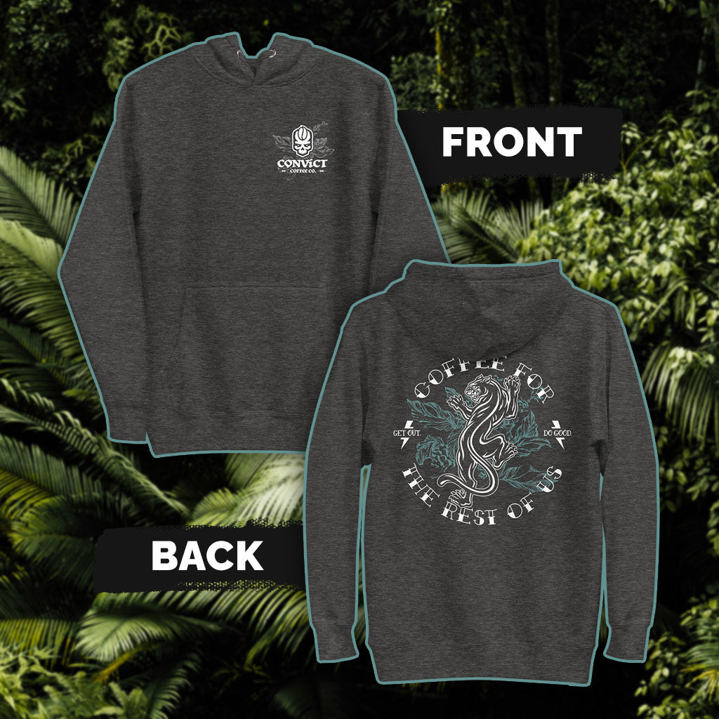 Charcoal Heather hoodie with 'Convict Coffee Co.' Logo with Coffee plant white front print and 'Coffee For The Rest Of Us' Panther on Coffee Plant white and blue-green back print set on a green leafy background
