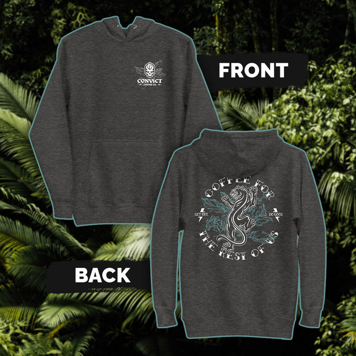 Charcoal Heather hoodie with 'Convict Coffee Co.' Logo with Coffee plant white front print and 'Coffee For The Rest Of Us' Panther on Coffee Plant white and blue-green back print set on a green leafy background