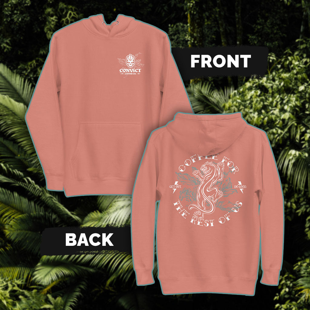 Dusty Rose hoodie with 'Convict Coffee Co.' Logo with Coffee plant white front print and 'Coffee For The Rest Of Us' Panther on Coffee Plant white and blue-green back print set on a green leafy background