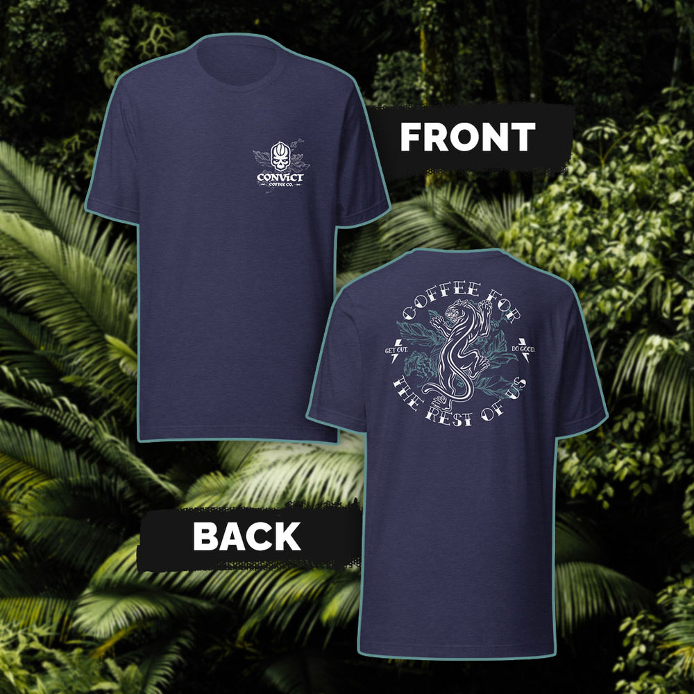 Heather Midnight Navy T-Shirt with 'Convict Coffee Co.' Logo with Coffee plant white front print and 'Coffee For The Rest Of Us' Panther on Coffee Plant white and blue-green back print set on a green leafy background