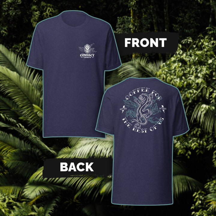 Heather Midnight Navy T-Shirt with 'Convict Coffee Co.' Logo with Coffee plant white front print and 'Coffee For The Rest Of Us' Panther on Coffee Plant white and blue-green back print set on a green leafy background