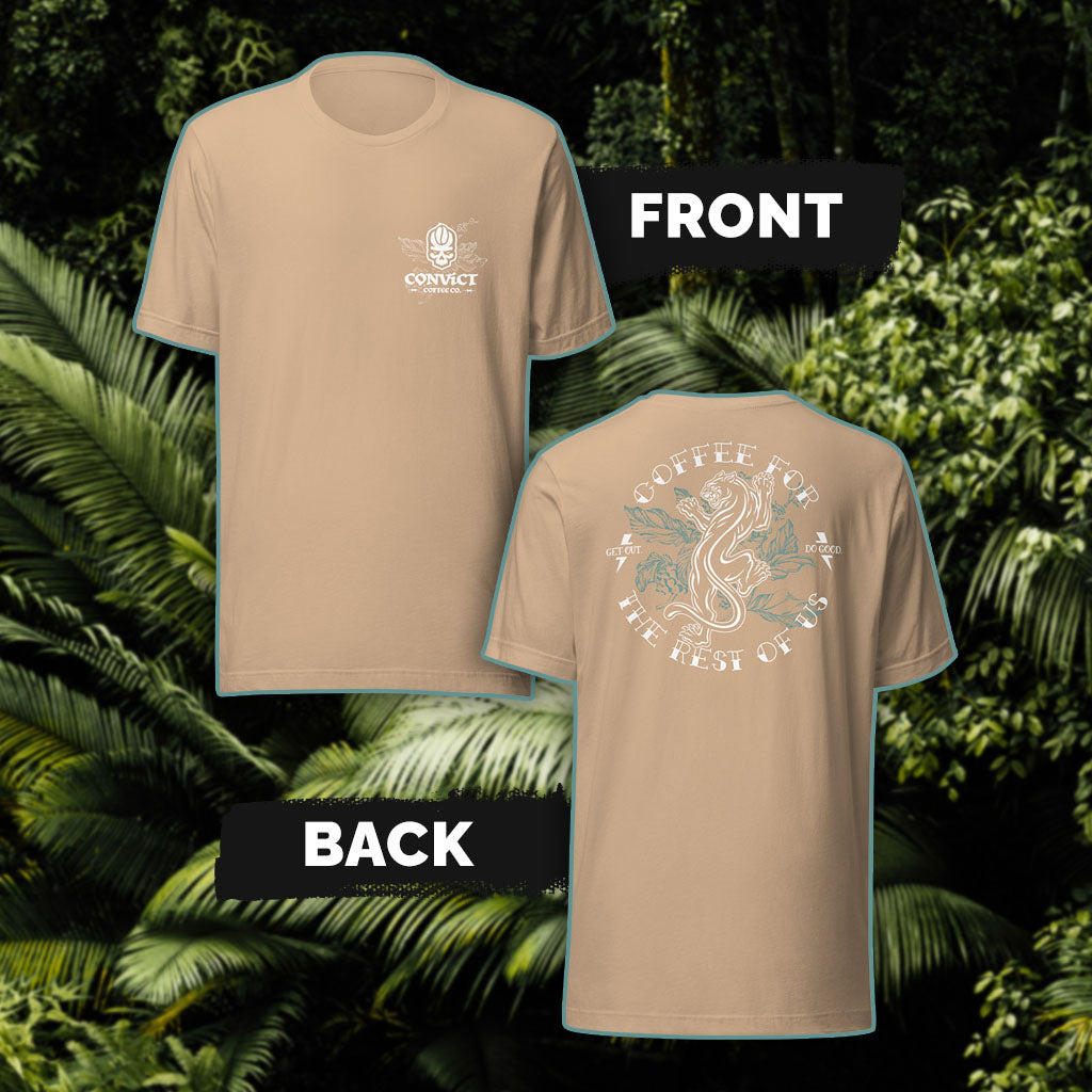 Tan T-Shirt with 'Convict Coffee Co.' Logo with Coffee plant white front print and 'Coffee For The Rest Of Us' Panther on Coffee Plant white and blue-green back print set on a green leafy background