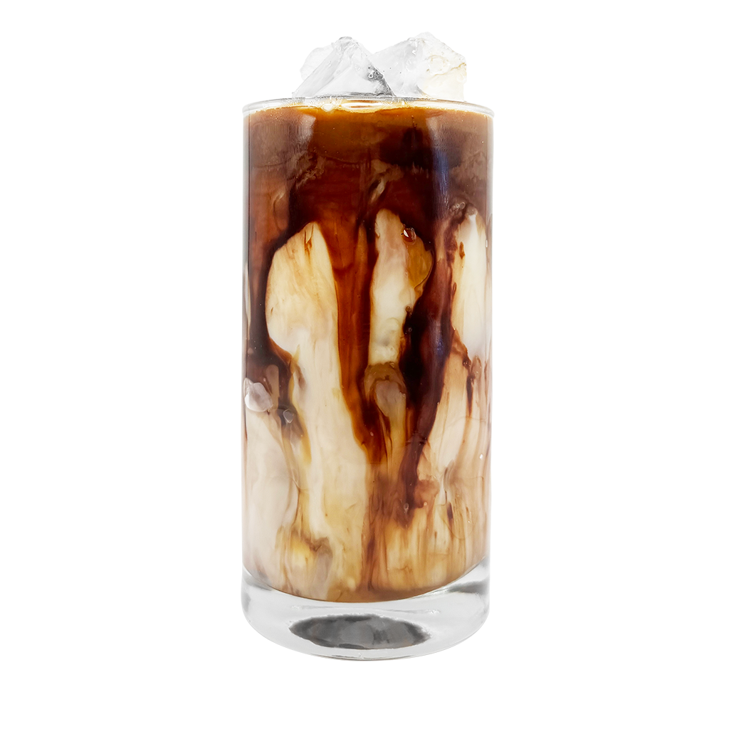 Glass of iced coffee with chocolate with ice cubes in front of white coffee fingerprint branding on transparent background