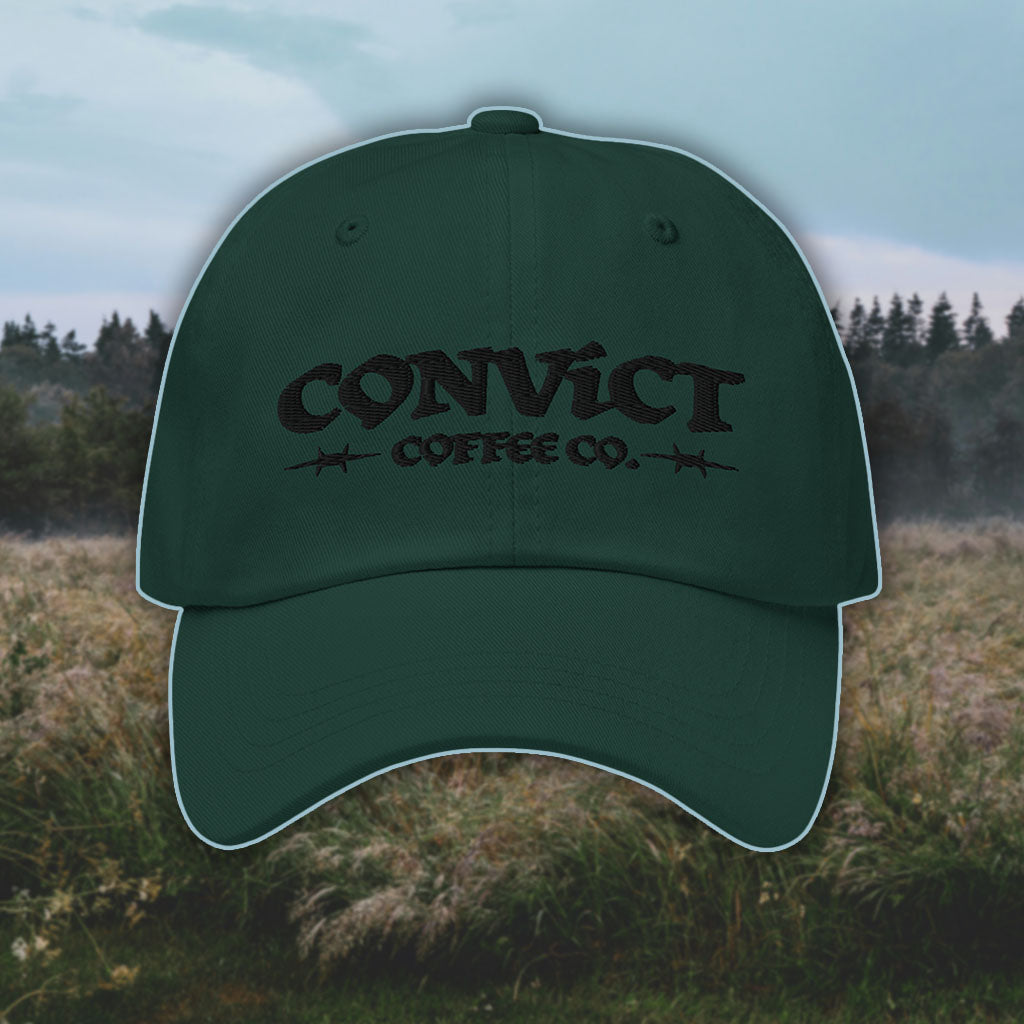 Spruce Dad Hat with 'Convict Coffee Co.' logo black embroidery on a grassy foggy field background
