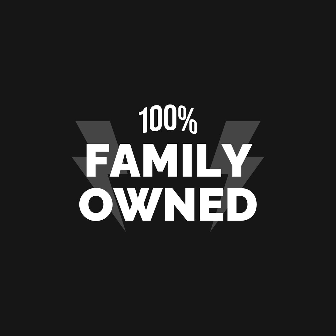 Text '100% Family Owned' on a black background