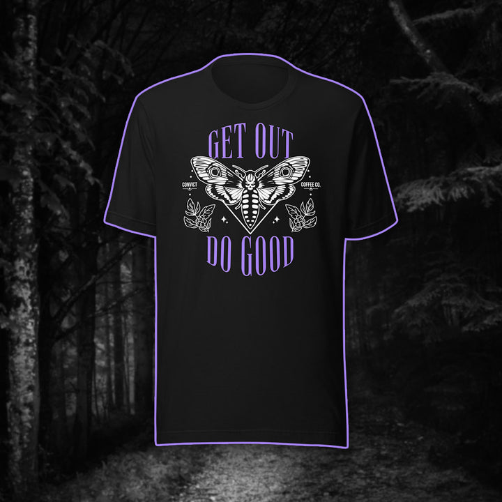 Get Out Do Good Death's Head Hawkmoth Design Purple and White Print on Black T-Shirt on Black and White Foggy Forest Background