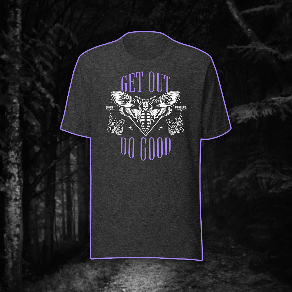 Get Out Do Good Death's Head Hawkmoth Design Purple and White Print on Dark Grey Heather T-Shirt on Black and White Foggy Forest Background