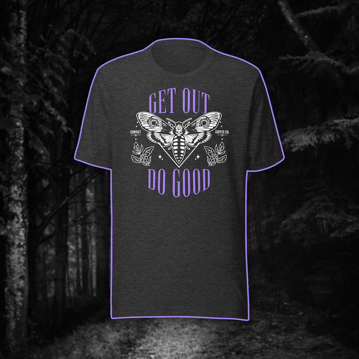 Get Out Do Good Death's Head Hawkmoth Design Purple and White Print on Dark Grey Heather T-Shirt on Black and White Foggy Forest Background