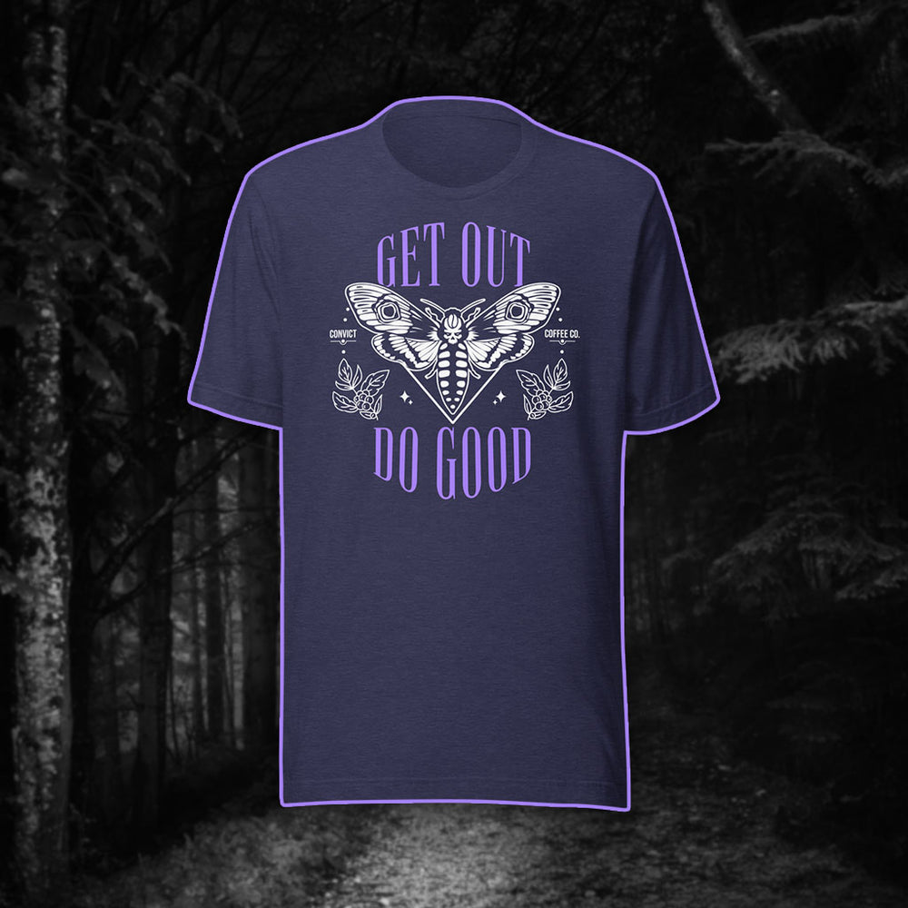 Get Out Do Good Death's Head Hawkmoth Design Purple and White Print on Heather Midnight Navy T-Shirt on Black and White Foggy Forest Background