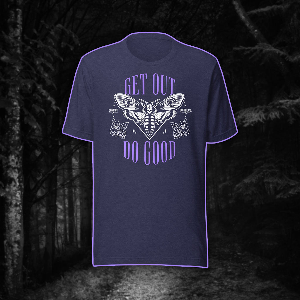 Get Out Do Good Death's Head Hawkmoth Design Purple and White Print on Heather Midnight Navy T-Shirt on Black and White Foggy Forest Background
