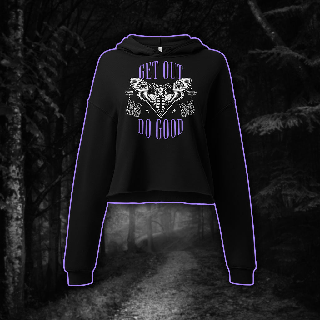 Get Out Do Good Death's Head Hawkmoth Design Purple and White Print on Black Crop Hoodie on Black and White Foggy Forest Background