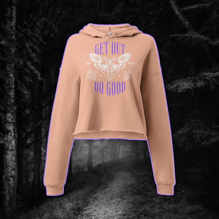 Get Out Do Good Death's Head Hawkmoth Design Purple and White Print on Peach Crop Hoodie on Black and White Foggy Forest Background