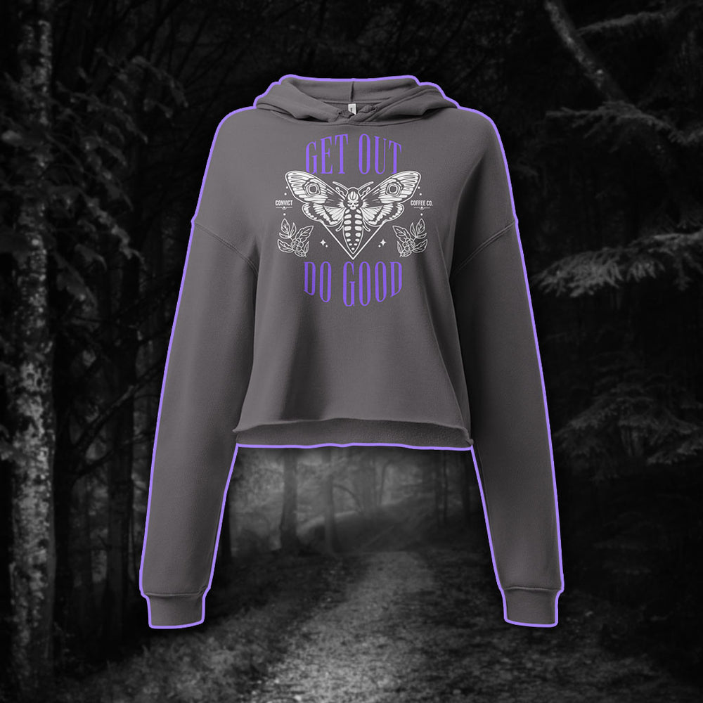 Get Out Do Good Death's Head Hawkmoth Design Purple and White Print on Grey Crop Hoodie on Black and White Foggy Forest Background