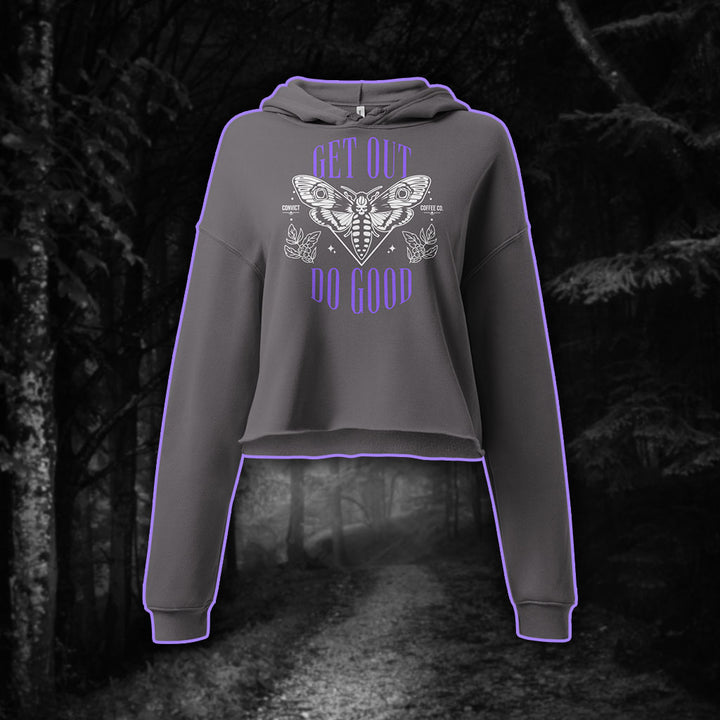 Get Out Do Good Death's Head Hawkmoth Design Purple and White Print on Grey Crop Hoodie on Black and White Foggy Forest Background