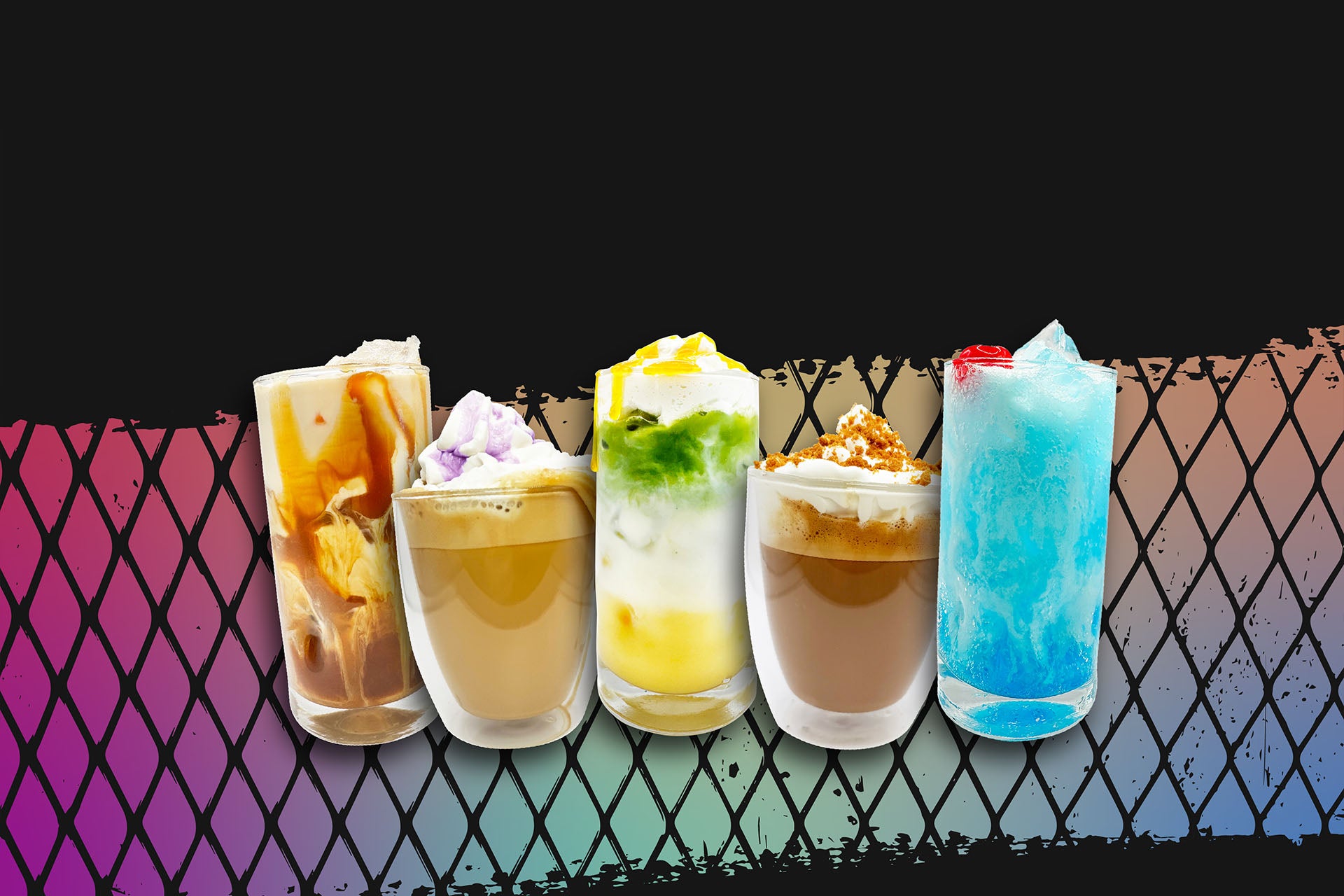 Five colorful drinks in glasses against a gradient graphic with wire fence texture on dark background