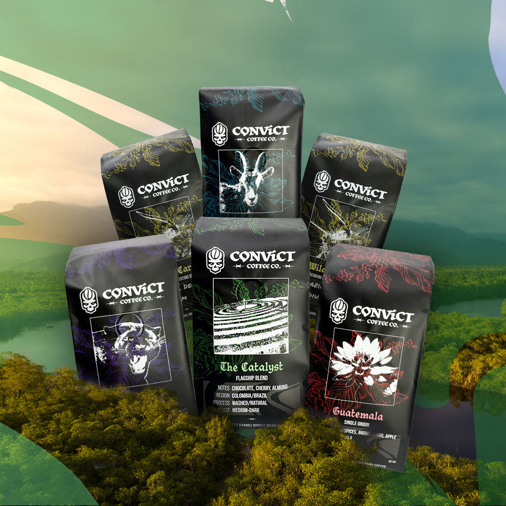 6 Bags of Convict Coffee beans assorted sitting in natural landscape