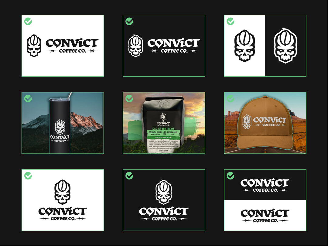 Collage of Convict Coffee Co. branding elements including logo, cup, bag, and hat - displaying logo in proper use.