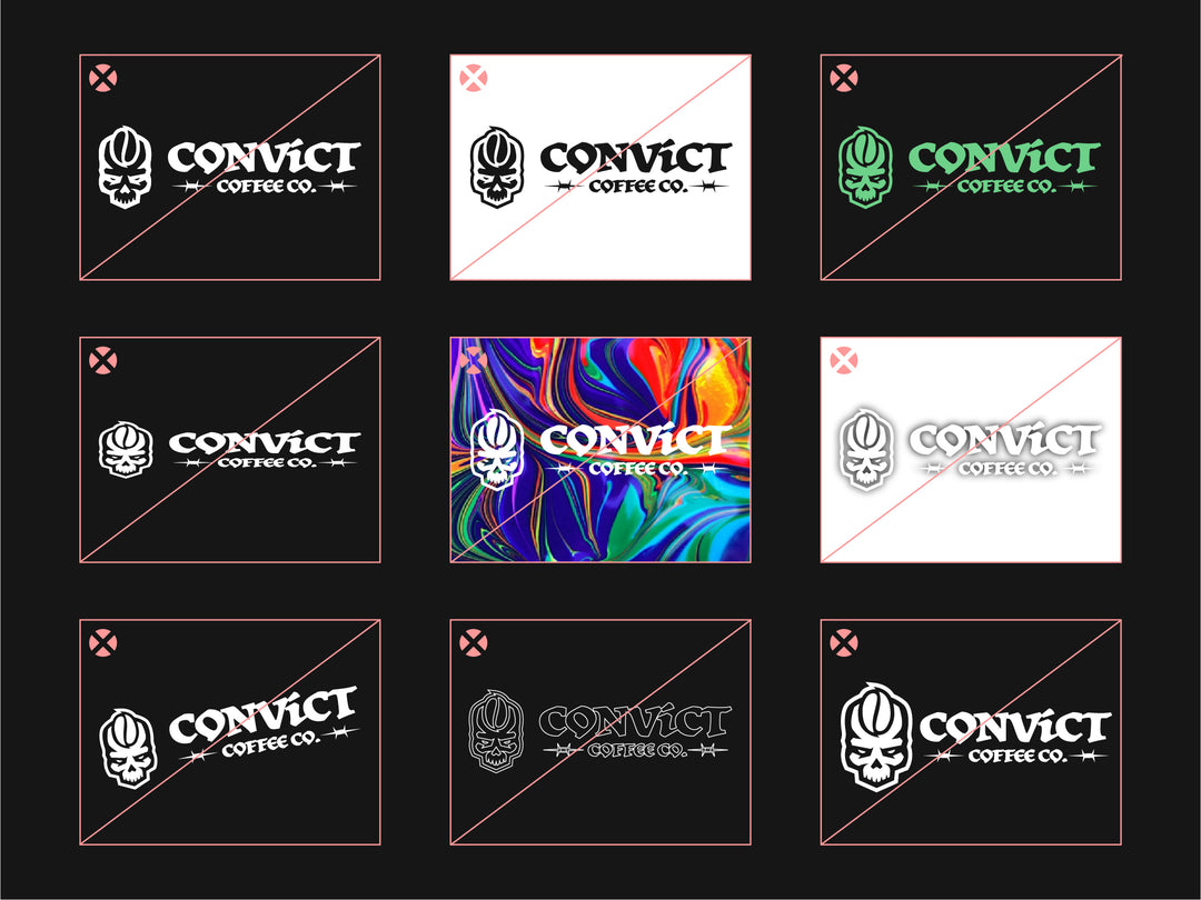 Multiple instances of the Convict Coffee Co. logo in various styles and colors on a black background. Showing Misuse of logo such as distorting, recoloring, inverting, stretching, rotating, placing on cluttered backgrounds.